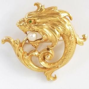 Carter & Gough Antique Art Nouveau 14k Gold Griffin Dragon Pearl Brooch Pin 4.3g